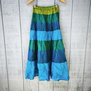 y2k Cache 100% Silk Tiered Maxi Skirt sz XS/S Blue Green Boho Festival Glam Lux